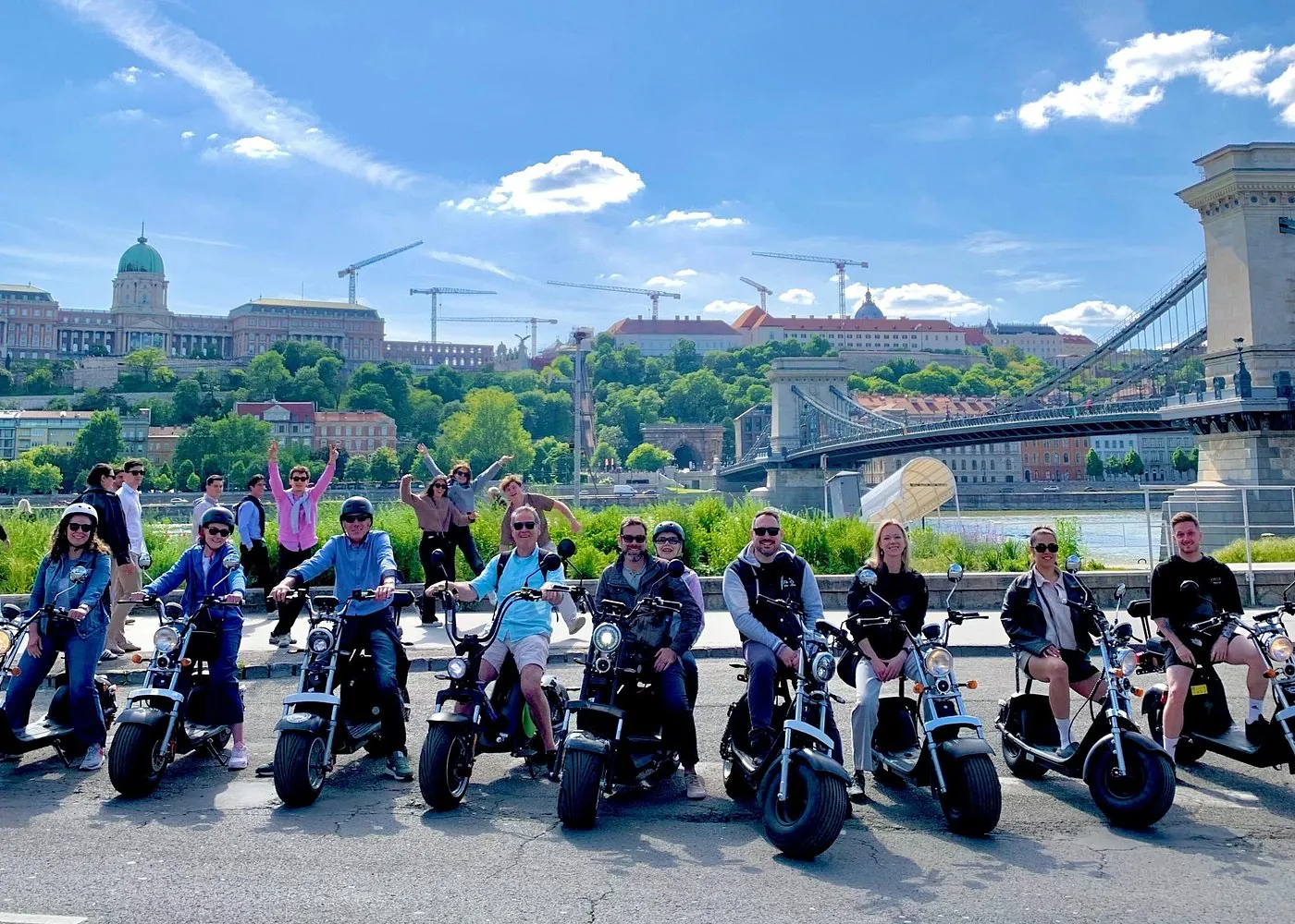 Group riding Monster Bikes by the Danube in Budapest